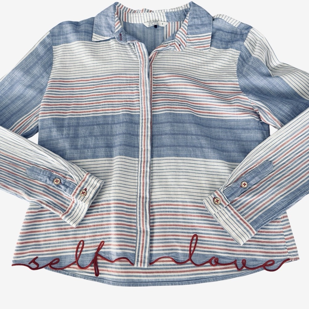VTG Esprit Striped Button Up Shirt S• "Self Love" Embroidered Hem Y2K Americana